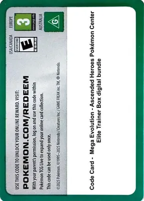 Code Card - Ascended Heroes Pokemon Center Elite Trainer Box digital bundle
